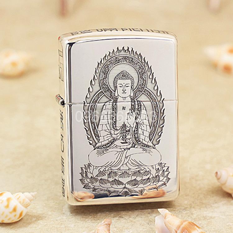 Zippo Bạc Nguyên Khối Khắc Phật Như Lai - STL01