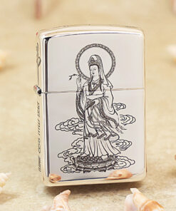 Zippo Bạc Nguyên Khối Khắc Quán Thế Âm Bồ Tát - STL02