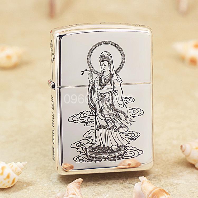 Zippo Bạc Nguyên Khối Khắc Quán Thế Âm Bồ Tát - STL02
